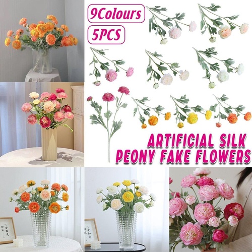 5pcs Artificial Peony Silk Flowers Bouquet Decor Faux Floral Arrangements