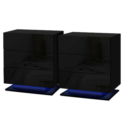2x Bedside Table LED 3 Drawers