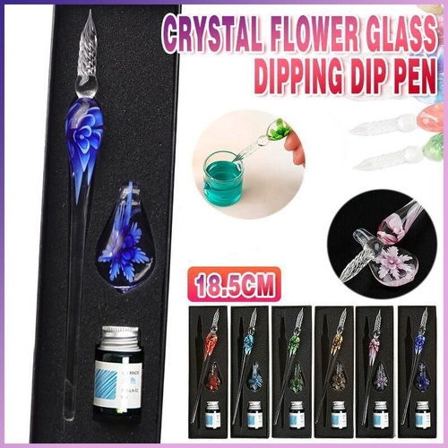 Crystal Flower Glass Dipping Dip Pen Writing Set Gift Pack Fountain Calligraphy