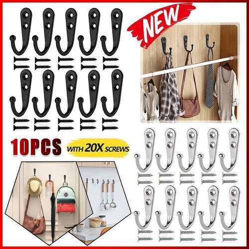 10Pcs Wall Hooks Heavy Duty Coat Hat Robe Hanger Double Hole Zinc Alloy Vintage