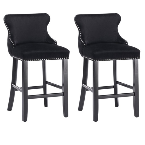 2x Velvet Upholstered Button Tufted Bar Stools with Wood Legs and Studs