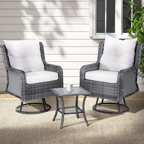 3PC Outdoor Furniture Bistro Set Lounge Wicker Swivel Chairs Table Cushion