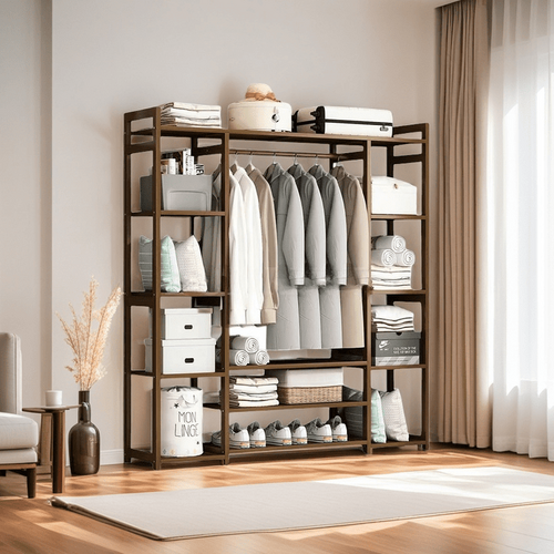 Bamboo Clothes Rack Garment Closet Storage Organizer Hanging Rail Shelf Dress room Wardrobes