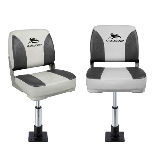 Seamanship 2X Folding Boat Seats with 2X Adjustable Pedestals 34-46cm Marine Swivel Low Back 13cm Padding