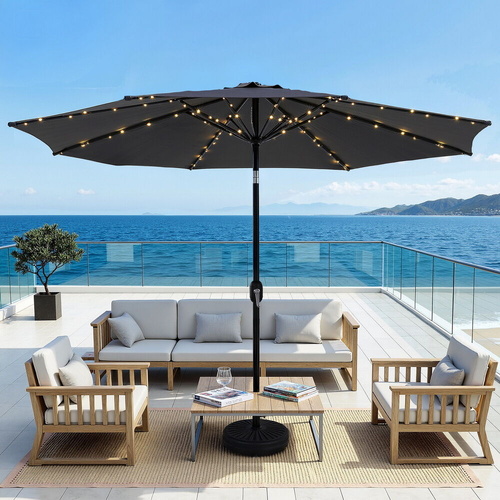 Outdoor Umbrella 2.9m Market Umbrella with String Light Tilt Charcoal Shade