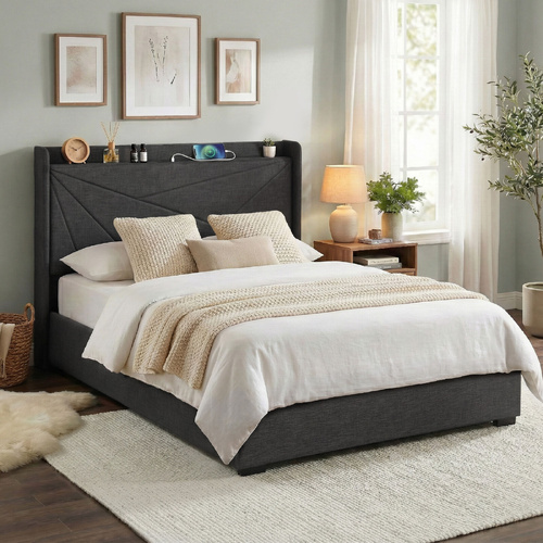 Bed Frame Gas Lift Storage Bed with Charging Ports Upholstered Geometric Headboard Grey Charcoal
