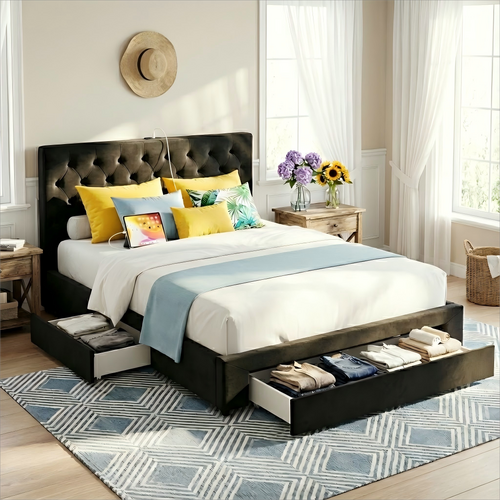 Bed Frame Storage Charging Station Upholstered 3 Drawers USB Type-C