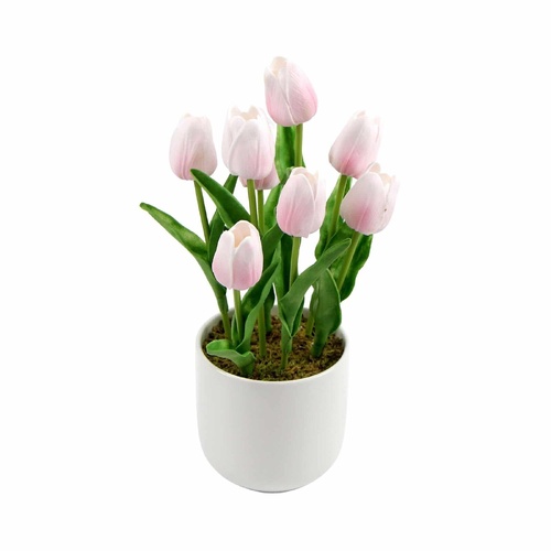 Flowering Artificial Tulip Plant Arrangement With Ceramic Bowl