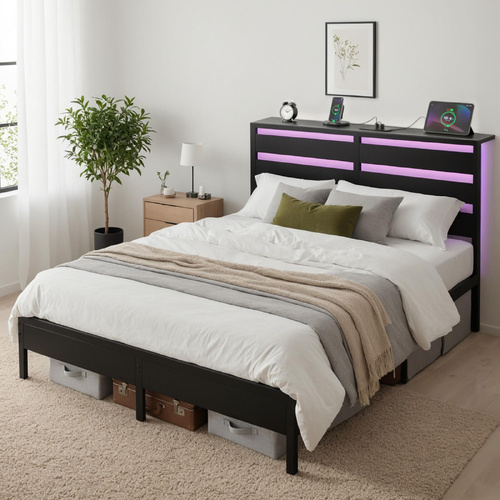 Bed Frame Size LED Metal Bed Base with Charging Station