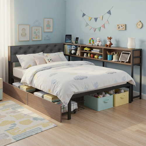 Bed Frame Size with 2 Drawers and Charging Station Metal Corner Bed Base