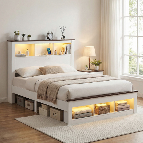 Bed Frame with Storage Bookcase Headboard and Footboard White Wooden Platform Bed with Charging Station and Led Light Bedroom Furniture