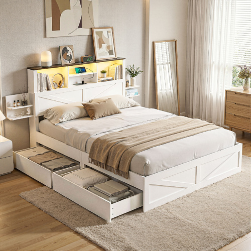 Bed Frame with Storage Drawers White Platform Bedframe with Bookcase Headboard Charging Station Led Light