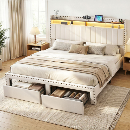 Upholstered Bed Frame with Shelf Storage Drawers Charging Station Mood Lighting Linen