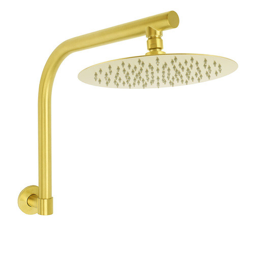 Brushed Round Rain Shower Head Swivel Brass Gooseneck Wall Arm Set Gold