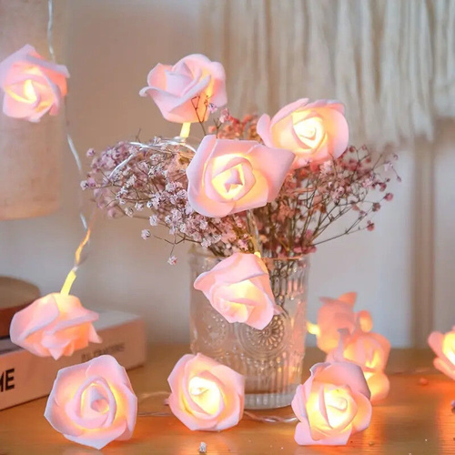 50 Rose 3D Fairy Lights 5M LONG String Battery AA Indoor & Outdoor Decorations Wedding Valentines Romantic Room Table Lighting