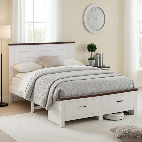 Wooden Bed Frame 2 Drawer Platform Bed Solid High Headboard Bed Base Bedroom Easy Assembly White