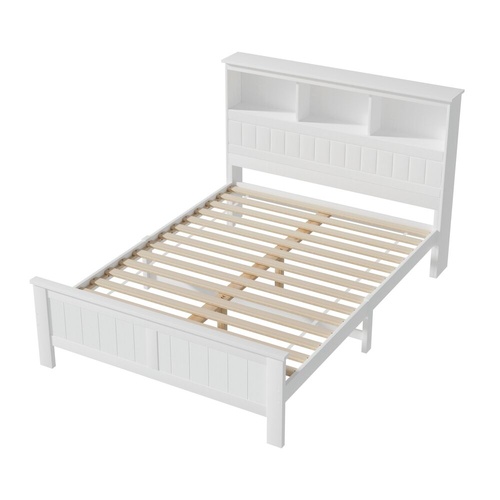 Bed Frame Double Wooden with 3 Shelves Bed Head White