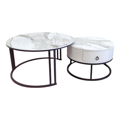 Snowy Mountain Faux Modern Marble Slate Nesting Coffee Table Set Leather Wrapped Wood Drawers Marble Coffee Tables