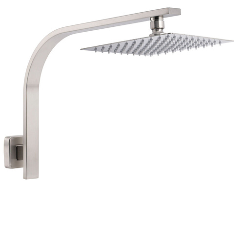 Brushed Square Rain Shower Head & Gooseneck Wall Arm Set Silver