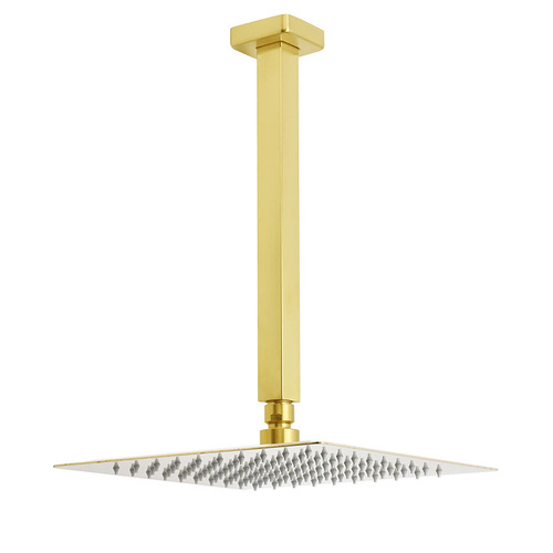 Brushed Square Rainfall Shower Head Ceiling Dropper Extension Arm Set Gold