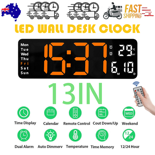 Digital Big Jumbo LED Wall Desk Clock Display Temperature Calendar Orange