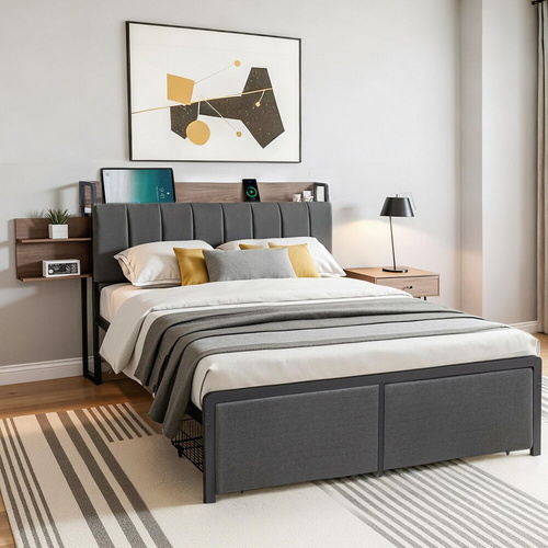 Metal Bed Frame with 2-Tier Hidden Storage with Charging Station