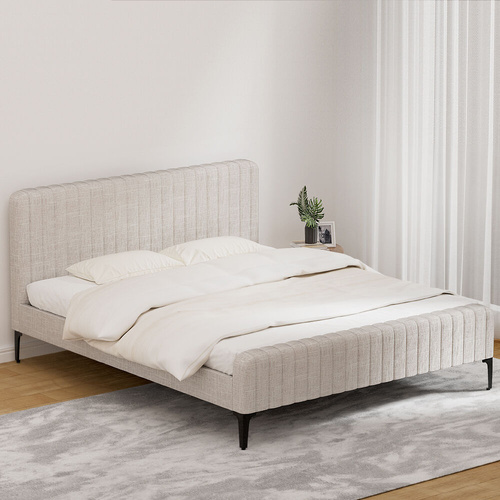 Bed Frame Bed Base w Headboard Fabric Wooden Slats Metal Legs Beige