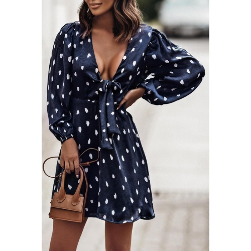 Azura Exchange Dot Print A-Line Dress with Deep V Neck and Balloon Sleeves
