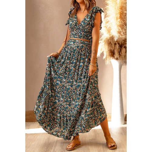 Azura Exchange Floral Ruffled Crop Top and Maxi Skirt Set