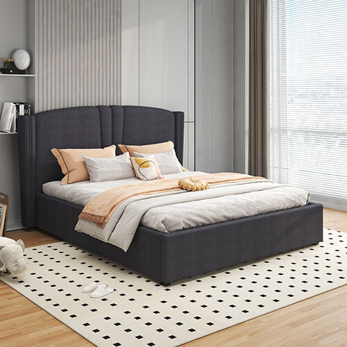 Roman Bed Frame Velvet Fabric with Gas Lift plywood metal structure Black