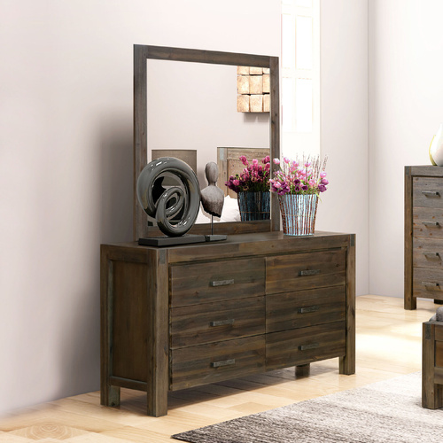 Dresser with 6 Storage Drawers in Solid Acacia & Veneer with Mirror in Chocolate