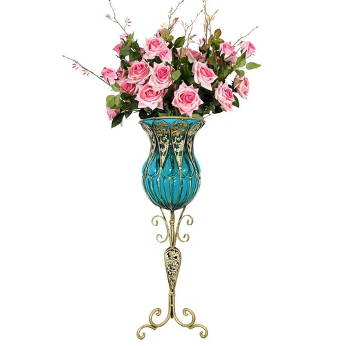 85cm Glass Tall Floor Vase and 12pcs Pink Artificial Artificial Flower Set