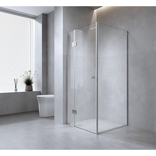 100 by 100cm Corner Frameless Shower Screen with Gunmetal Channel and Brass Hinges, Square Double Pull Handle