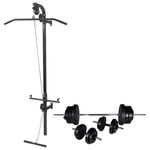 Wall-Mounted Power Tower with Barbell and Dumbbell Set