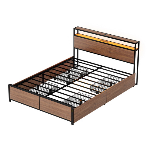 Artiss Metal Bed Frame Double Size with 2-Tier Storage Headboard Metal Platform with 4 Storage Drawers Built in Charging Station & LED Noise-Free/Meta