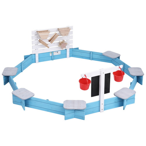 Keezi Kids Sandpit Wooden Round Sand Pit with Cover Funnel Bench Seat Beach Toys 215cm