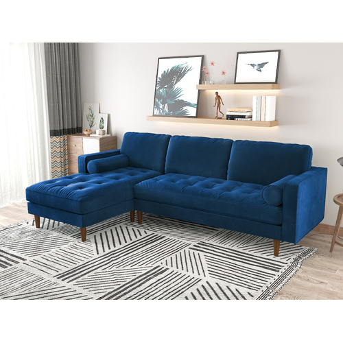 Sofa Chaise Navy Blue Colour Seamed Grid Pattern Pocket Spring Side Pillows Oblique Legs