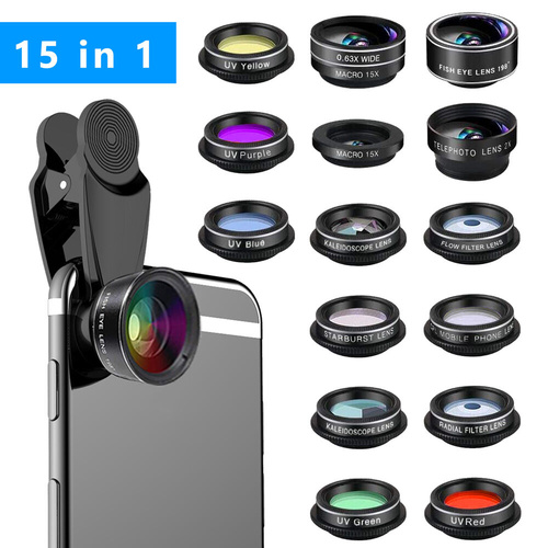 15-in-1 kit with multiple special effects functions, compatible with iPhone and Android smartphones. Includes: 198 fisheye, 0.63x wide angle, 15x macr