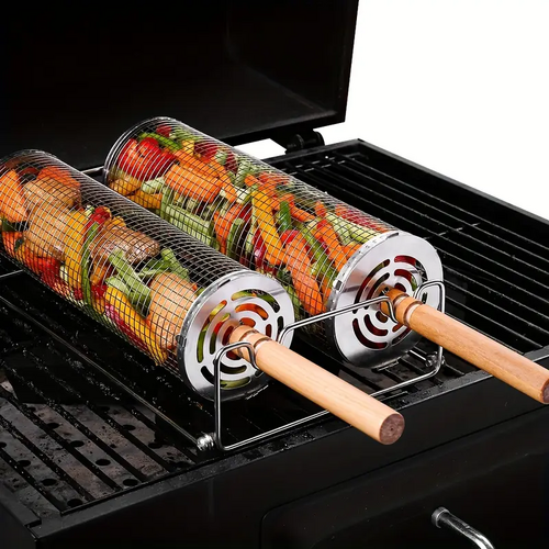 2-Pack Stainless Steel Rotating Grill Baskets with Removable Wooden Handle – Durable 304 Mesh for Veggies, Prawns & More – Perfect for BBQ, Camping & 