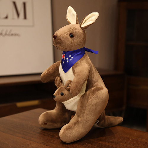 Kangaroo Stuffed Animal with Joey in Pouch & Australia Scarf - Soft Cuddly Plush Toy(45cm, Dark brown
)| Other Colors Available in Store