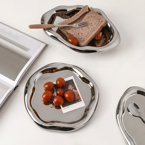 Silver Plated Ceramic Tray Set (Round & Long Shapes) – Minimalist Luxury Decorative Organizer for Jewelry, Vanity & Home Display| Other Styles Availab