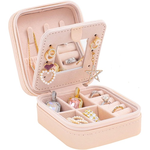 Pink Travel Jewelry Box with Mirror: Compact, Organised Storage for Rings, Necklaces & Earrings, Ideal for Aussies