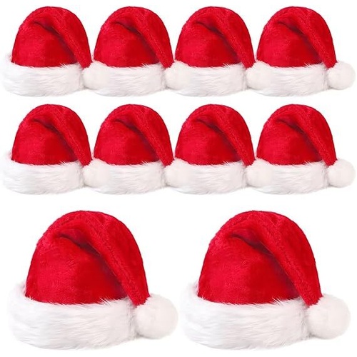 10Pack Christmas Santa Hats for Adults - Extra Thicken Velvet Santa Claus Hats for Women Men Fluffy Plush Xmas Hats Christmas Party Supplies New Year'