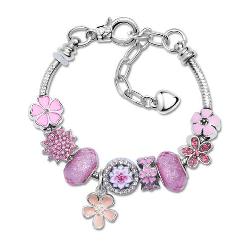 Pink Rhinestone Glass Enamel Bead Bracelet with Magnolia Pendant(16cm)