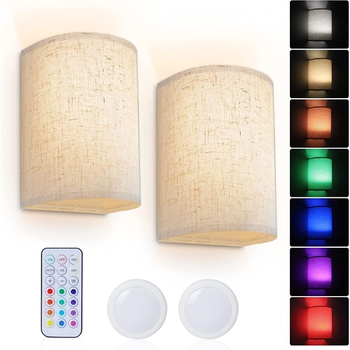 Battery Operated Wall Lights Indoor with Remote, Wireless LED Wall Lights with Fabric Shade, 12 Colors + Day White Changeable Dimmable Wall Lamp for L