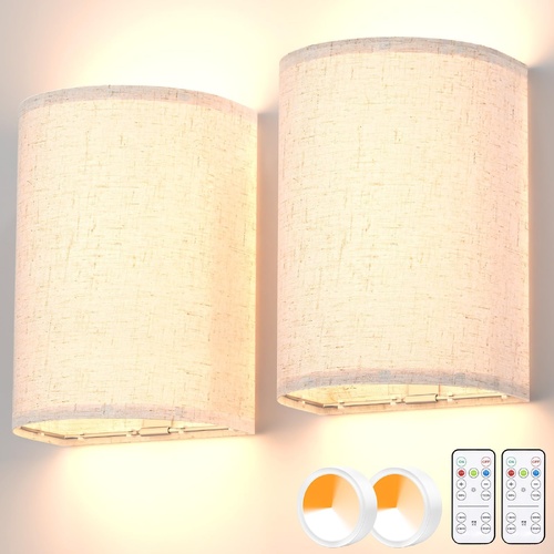 Battery Operated Wall Sconces Set of Two, Rechargeable Wall Lamp with Remote, 3 Colors Dimmable Fabric Wireless Sconces Wall Decor Set of 2 with Timer