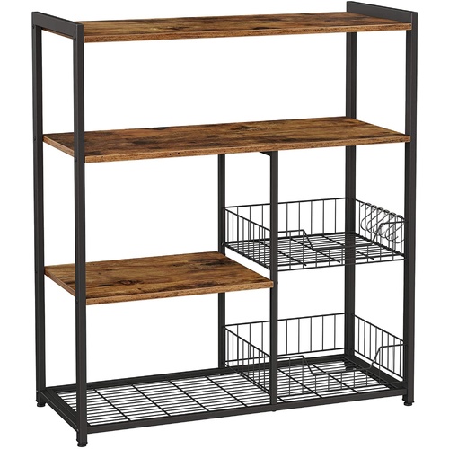 Baker's Rack with 2 Metal Mesh Baskets, Shelves and Hooks, 80 x 35 x 95 cm, Industrial Style, Rustic Brown 