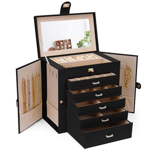 CARLA HOME 6-Layer Large Jewelry Box for Women withDrawers, Mirror, Lock, Necklace Hooks & Side Compartments for Rings, Earrings, Bracelets, Gifts (Bl