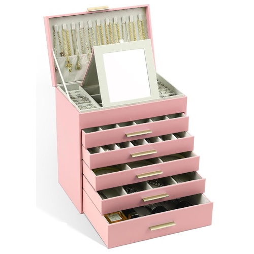 CARLA HOME  6-Layer Large Jewelry Organizer Box for Women with Mirror, Drawers, Hooks & Dividers for Rings, Necklaces, Bracelets, Ideal Gift for Women