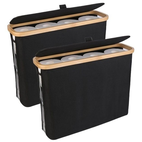 CARLA HOME 2 pack Toilet Paper Storage Basket Holds Up to 12 Rolls with Bamboo Lid and Handle for RV Closet (Black)